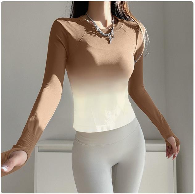 Tシャツ レディース スポーツウェア 春秋 長袖 ラウンドネック ヨガウェア 超伸縮性 吸湿速乾 ランニング トレーニング フィットネス 黒白グラデーション 紫黄グラデーション 紫グラデーション 藍白グラデーション