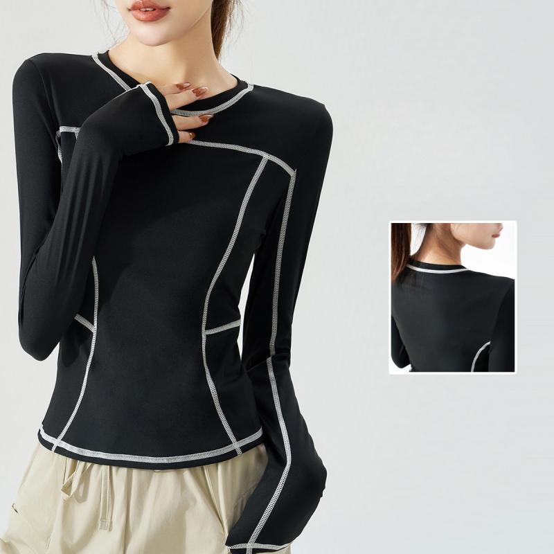 Tシャツ レディース 長袖 高弾性 ヨガ トップス スポーツウェア ランニング トレーニング 吸湿速乾 伸縮性 無地 春秋冬 酒紅色 深藍色 黒色 米白色