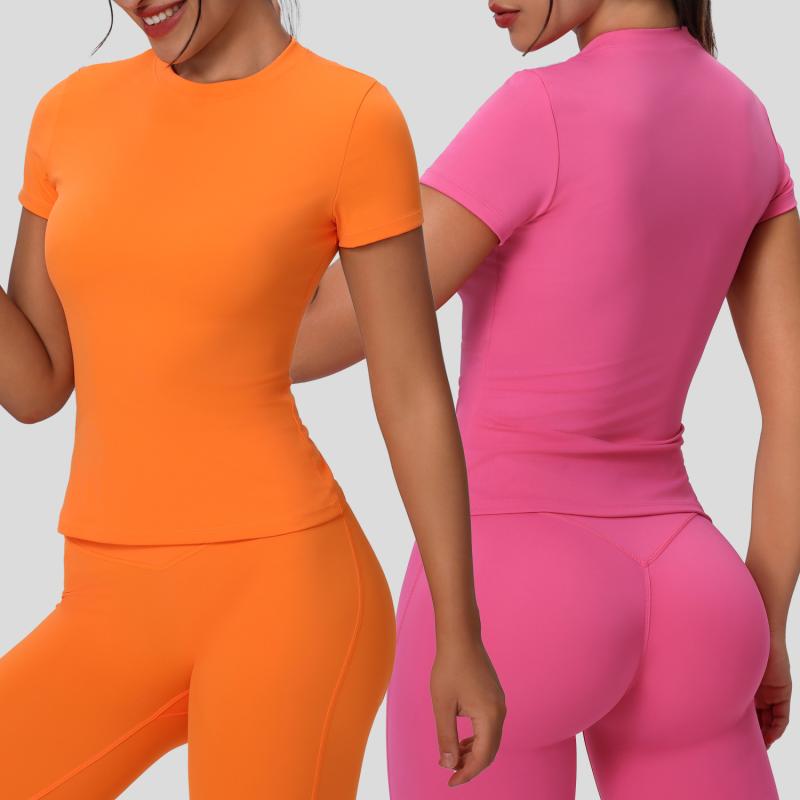 ヨガウェア レディース トップス 運動着 Tシャツ 半袖 伸縮性 ストレッチ 吸湿速乾 ランニング ジョギング フィットネス トレーニング スポーツウェア ブラック ピンク系 グレー オレンジ チョコレート