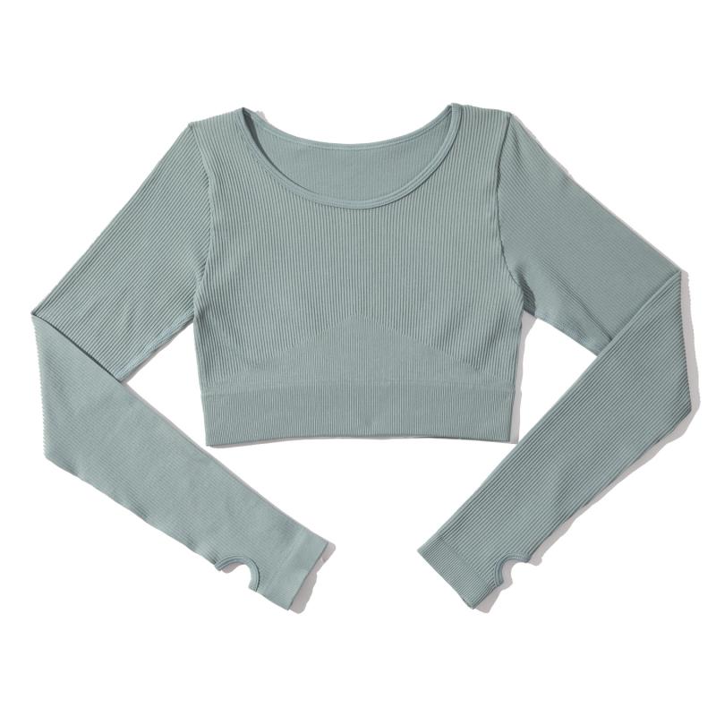 ヨガウェア レディース シームレスニット リブ ラウンドネック 長袖 スポーツトップス トレーニング フ..