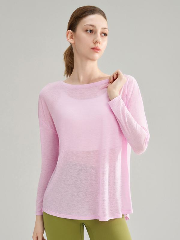 ヨガウェア レディース 竹节纱 ヨガトップス 長袖 スポーツトップス 薄手 通気性 トレーニングウェア リラックスウェア 普段使い 草莓奶昔 卷云藍 浅粉 云朵白 经典黒