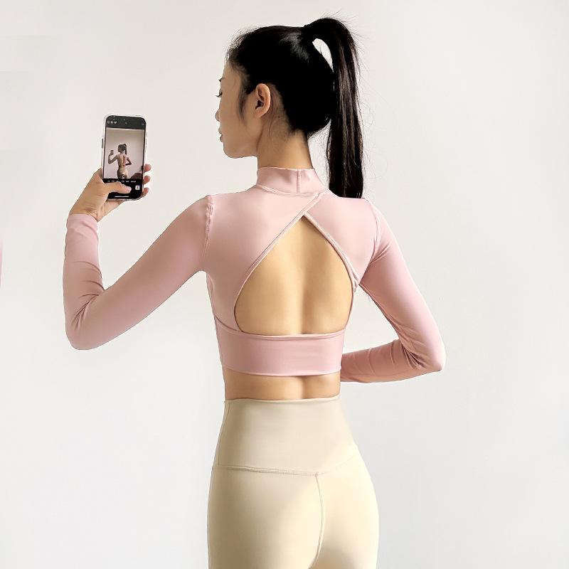 ヨガウェア レディース スポーツトップス 長袖 秋冬 ハイネック 胸パッド付き 吸湿速乾 ランニング ウェア 運動着 トレーニング タイト スリム ピンク系 ブラック 軍緑 アイボリー2