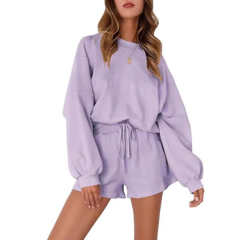 セットアップ レディース 部屋着 上下セット 長袖 トップス ショートパンツ ポリエステル 日韓スタイル 快適 灰色 海藍色 紫色 黒 S M L XL XXL2