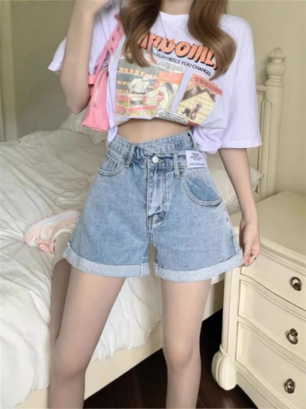 デニム レディース ショートパンツ ハイウエスト カジュアル キュロット ホットパンツ ワイドレッグ 裾ロールアップ 膝上 ポケット付き 薄手 ゆったり 7分丈 春夏 通勤 普段使い