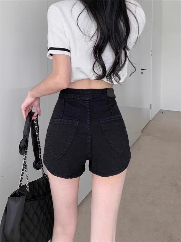 デニム レディース ショートパンツ 美脚 スタイルアップ ハイウエスト ブラック ジーンズ ホットパンツ Gパン ジーパン カジュアル 通勤