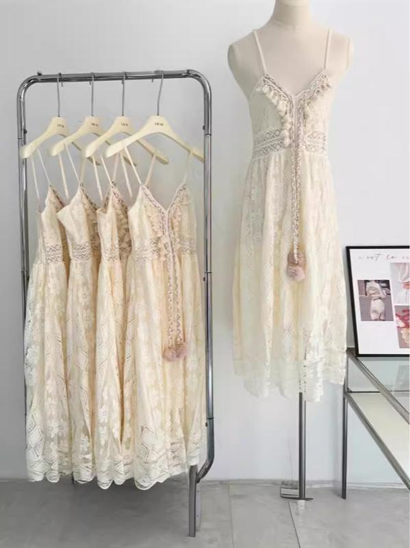 ワンピース レディース 民族風 レース チュール Vネック ロング キャミソールワンピース 刺繡 エレガント リゾート ビーチ パーティードレス