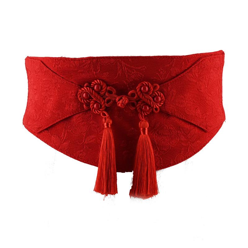 ベルト レディース 飾りベルト ゴムベルト 新中国スタイル 中国結び タッセル 束腰 レトロ 幅広 ウエストマーク スカート 赤 黒 アジア..