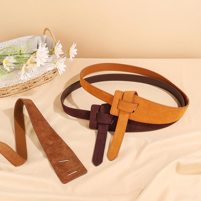 ベルト レディース 秋冬 スエード 幅広 ウエストマーク サッシュベルト 本革 コーヒー色 ブラウン 赤茶色2