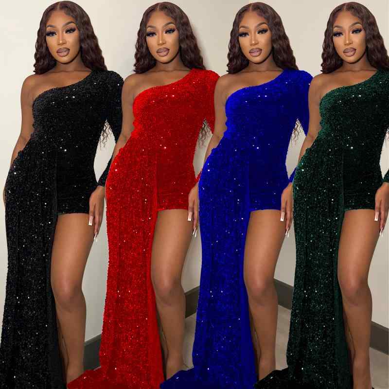 ワンピース レディース 秋冬 セクシー タイト 肩出し 長袖 スパンコール 大判 Aライン 膝丈 ポリエステ..