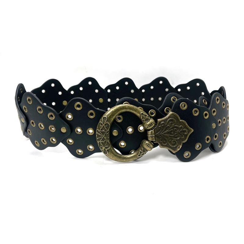 ベルト レディース 女性用 パンクスタイル レトロ調 ウエストベルト 銅製バックル 装飾ベルト ファッション アイレットベルト スタッズ リベット ヘビーメタル 欧米スタイル PUレザー 合金 針バックル ブラック ブラウン 個性