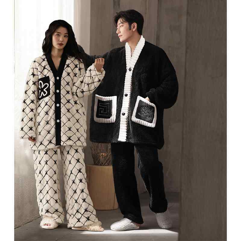 ルームウェア レディース 冬 ペア 暖かい 格子柄 花柄 厚手 フリース 長袖 Vネック パジャマ 上下セッ..