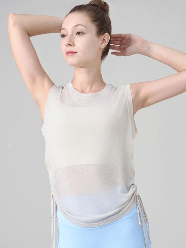 ヨガウェア レディース ラウンドネック 竹節紗 ノースリーブ トップス スポーツブラ 裾ドローストリン..