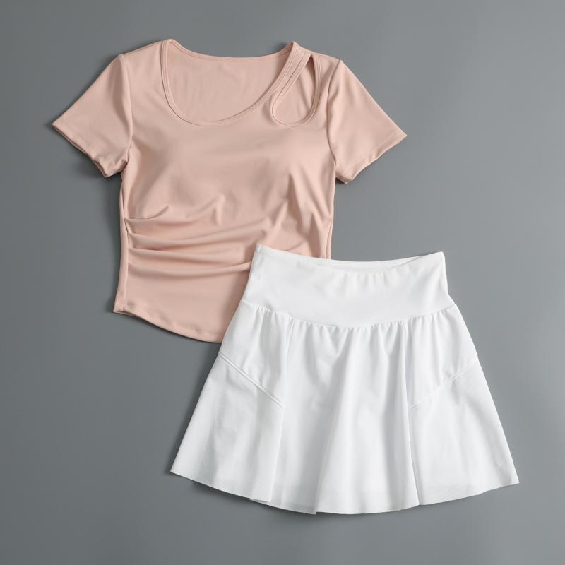 ヨガウェア レディース セットアップ トップス スカート付きレギンス 速乾 スポーツウェア ストレッチ ピラティス ウェア トレーニングウェア フィットネス ウェア 胸パッド付き Vネック 長袖 ピンク系