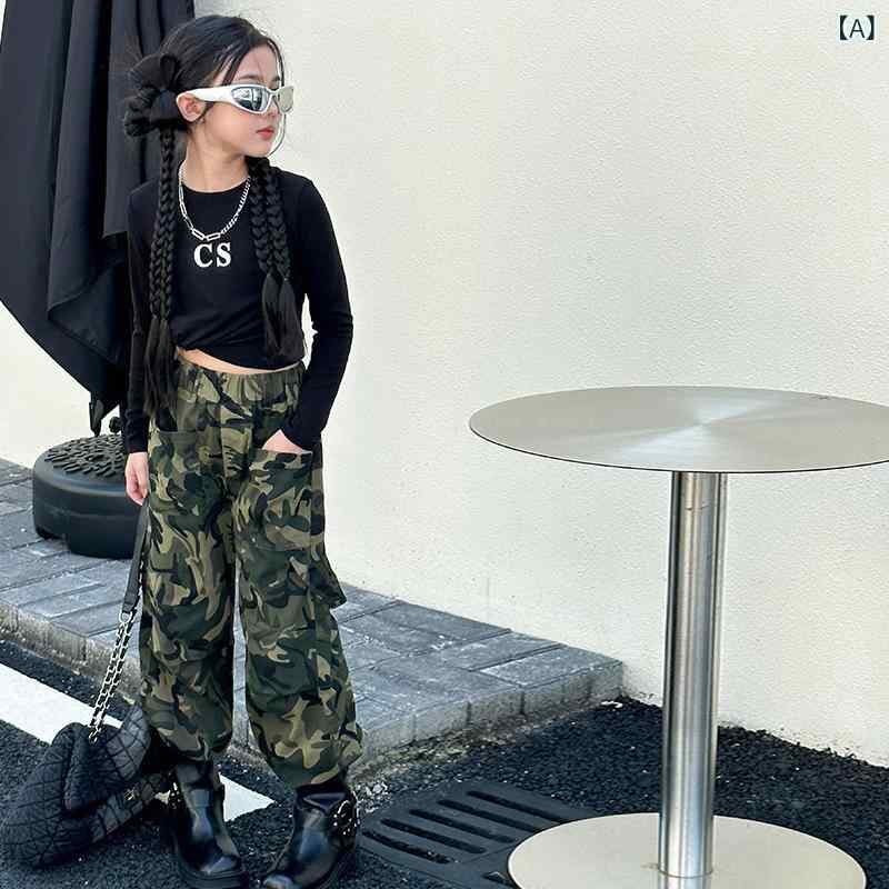 キッズ ガールズ 迷彩柄 カーゴパンツ セットアップ 長袖トップス ロングパンツ ゆ...
