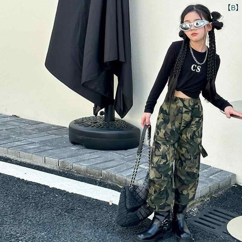 キッズ ガールズ 迷彩柄 カーゴパンツ セットアップ 長袖トップス ロングパンツ ゆ...
