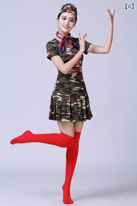 ダンス衣装 レディース 迷彩柄 セットアップ 水兵帽付き 舞台衣装 発表会 演奏会 イベント コスチューム 練習着 レッスン着 ポリエステル 伸縮性 吸湿性 通...