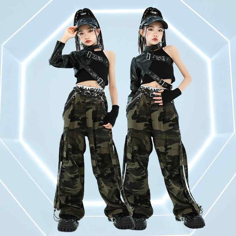 ダンス衣装 キッズ ストリートダンス 衣装 ヒップホップ ジャズダンス 練習着 子供 ダンスウェア 潮服 セットアップ ポリエステル ダンス レッスン着 シングルスリーブ フェイクレザー ベスト パンツ 手袋 帽子 腰チェーン付き