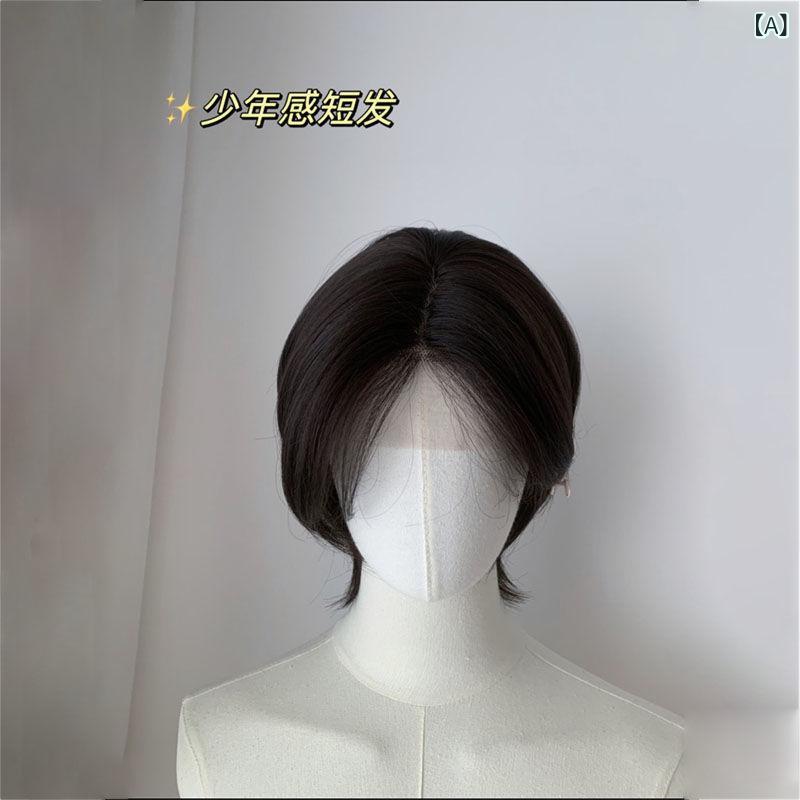 ウィッグ レディース レース付き レイヤー ショート 中性的 ジェンダーレス 全頭かつら 高温耐熱