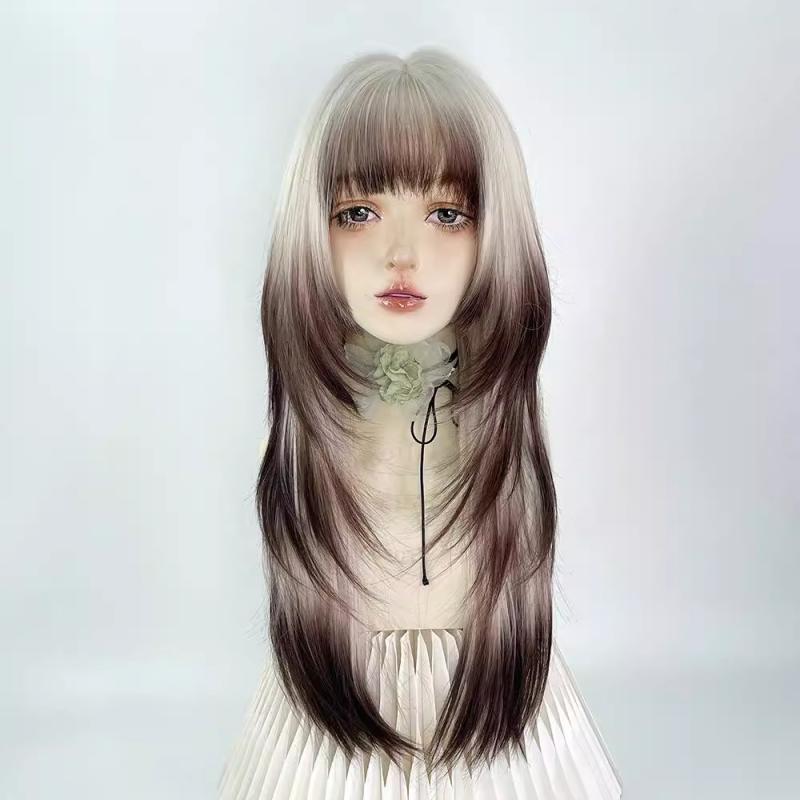 ウィッグ レディース ロリータ プリンセス ロング ストレート レイヤーカット グラデーション 金髪 Y2K 水母 ミディアム ヘア