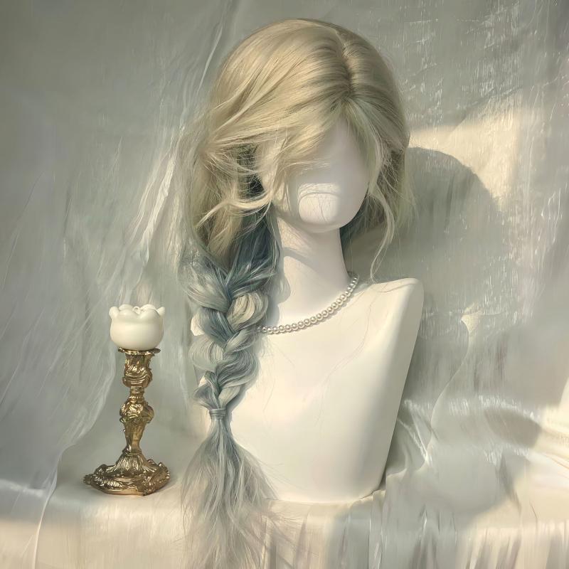 ヘアウィッグ レディース 白金 浅ブルー グラデーション ふんわり かわいい ロング カール フルウィッグ 自然 長め 前髪 イメチェン