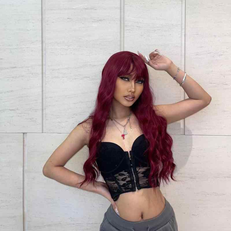 ウィッグ レディース 酒紅色 エアリーバング 大波ウェーブ ロング カール ふわふわ 卵巻き 欧米風 ヘア..