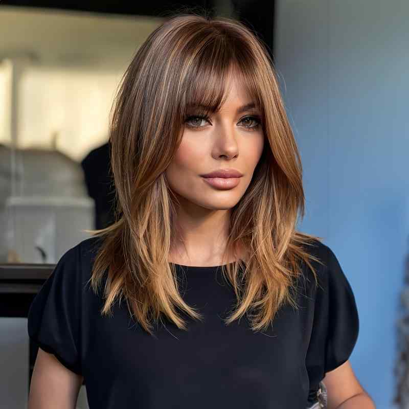 ウィッグ レディース 前髪 自然なカール 深みのあるブラウン ヨーロッパ アメリカ 東南アジア 普段使い パーティー コスプレ