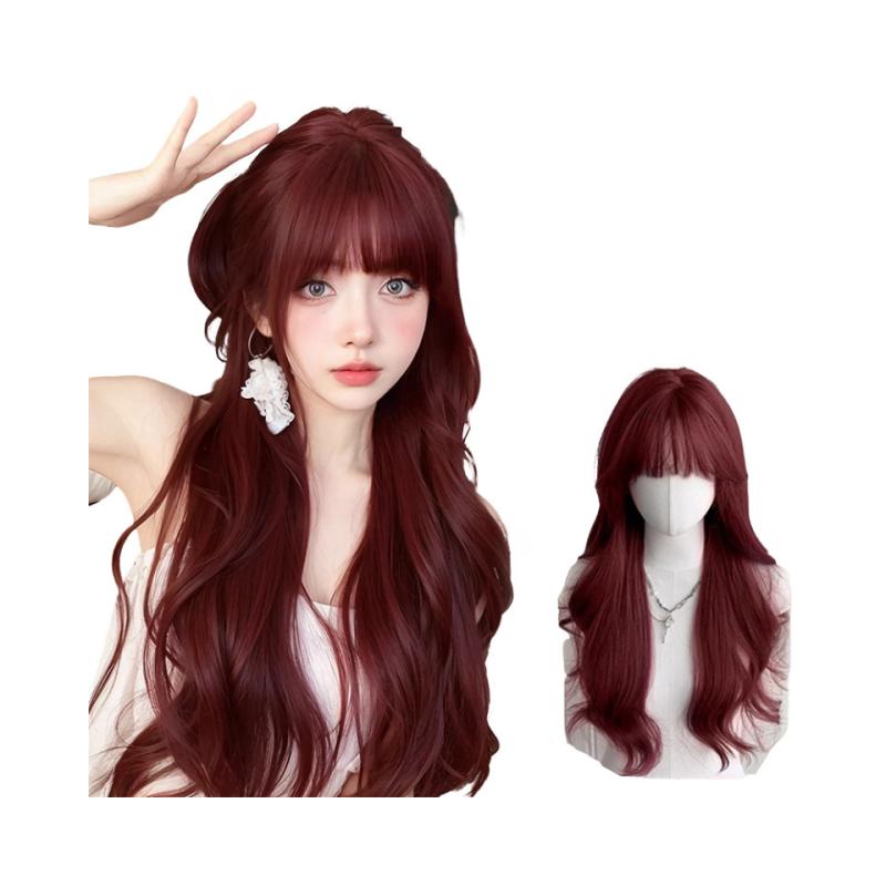 ウィッグ レディース ロング カール 人魚姫 酒紅色 ふわふわ ゆるふわ 大波 ロリータ 女性アイドル 耐熱ファイバー フルウィッグ ヘアスタイル イメチェン