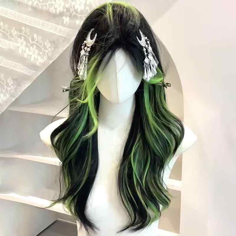 ウィッグ レディース 黒髪 グリーン グラデーション ロング カール ぱっつん 前髪 ミディアム 自然 フルウィッグ 女性 普段使い かわいい 小顔 耐熱