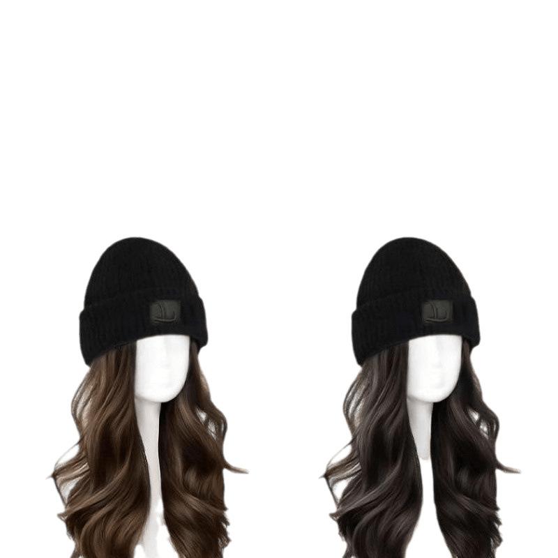 帽子 レディース カール ロング 黒 ブラック ベージュ ブラウン 巻き髪 付き 秋冬 ニット おしゃれ かわいい 小顔効果 あったか 防寒