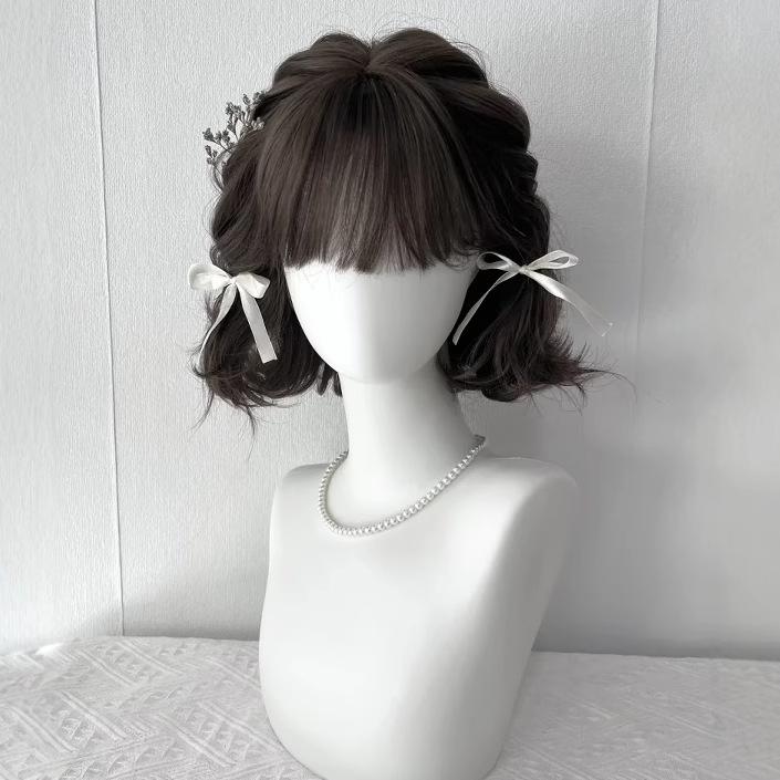 ウィッグ レディース ショート ボブ パーマ ロリータ 高温耐熱 自然 ふんわり ブラック 黒茶色 ヘアネット付き