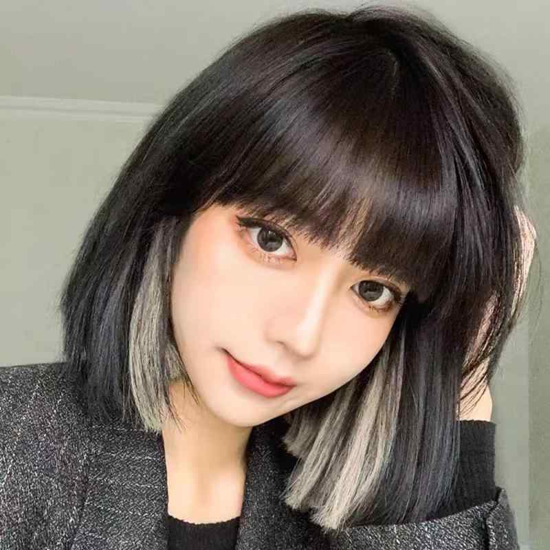 ウィッグ レディース 女性用 短髪 全頭かつら ボブヘア 12inch ブラック 挑染 白茶灰 霧霾藍 高温耐熱 ファッション 小顔効果 イメチェン コスプレ