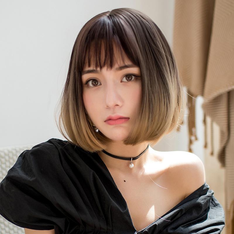 ウィッグ レディース ショート ストレート 前髪あり 丸顔 韓国風 フルウィッグ 耐熱 チョコレート グラデーション 冷棕色 黒棕色 イメチェン かわいい 小顔効果