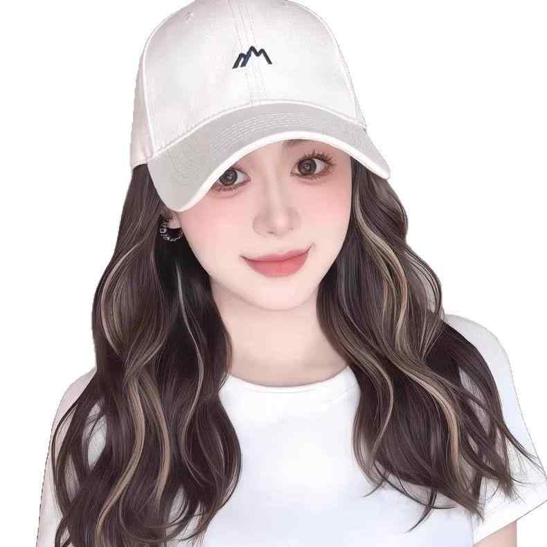 帽子 レディース 麦わら帽子 ウィッグ付き 鸭舌帽 全頭かつら ロング巻き髪 付け毛 おしゃれ 日焼け防..