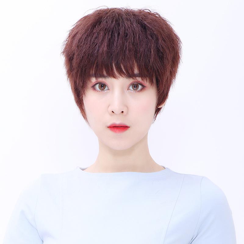 ウィッグ レディース ショートヘア ナチュラル ボブ ふんわり カール 斜め前髪 人毛 深棕色 自然黒 医療用 帽子用 おしゃれ 若見え 小顔効果