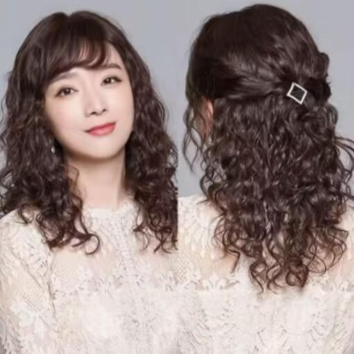 ヘアピース 女性用 ミディアム ロング カール 高品質 耐熱ウィッグ 全頭かつら 自然 黒髪 茶髪 母 シニア
