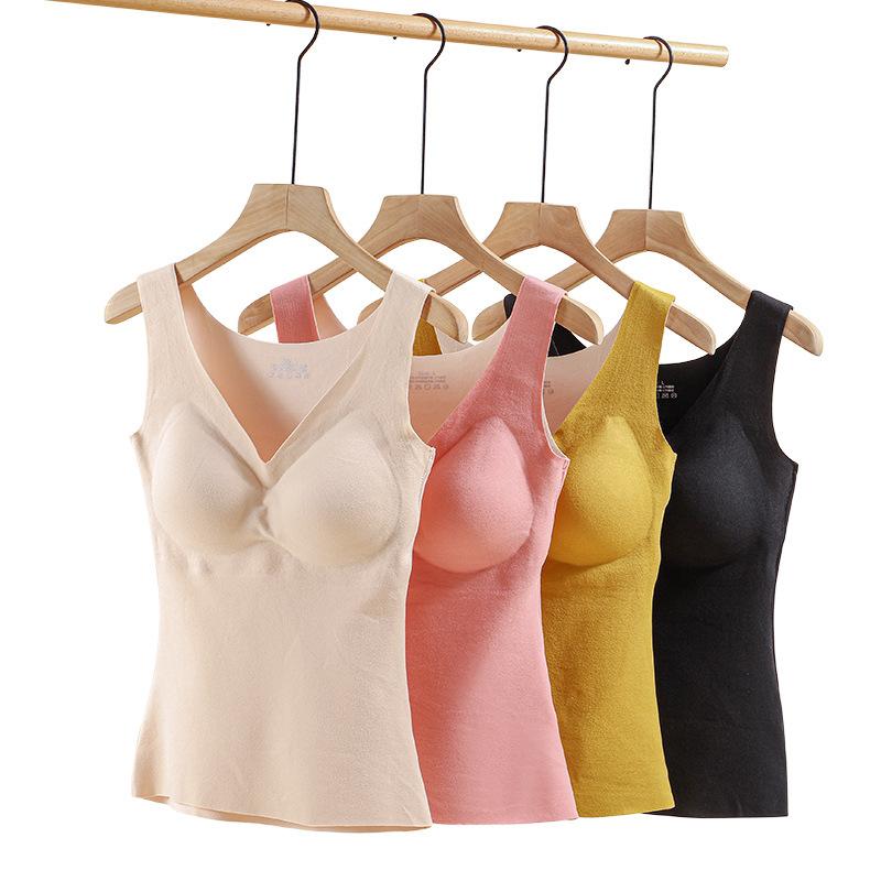インナー レディース 保温タンクトップ 秋冬 Vネック カップ付き あったかインナー 静電気防止 部屋着 普段使い ポリエステル 無地 ブラック ピンク系 イエロー ベージュ2