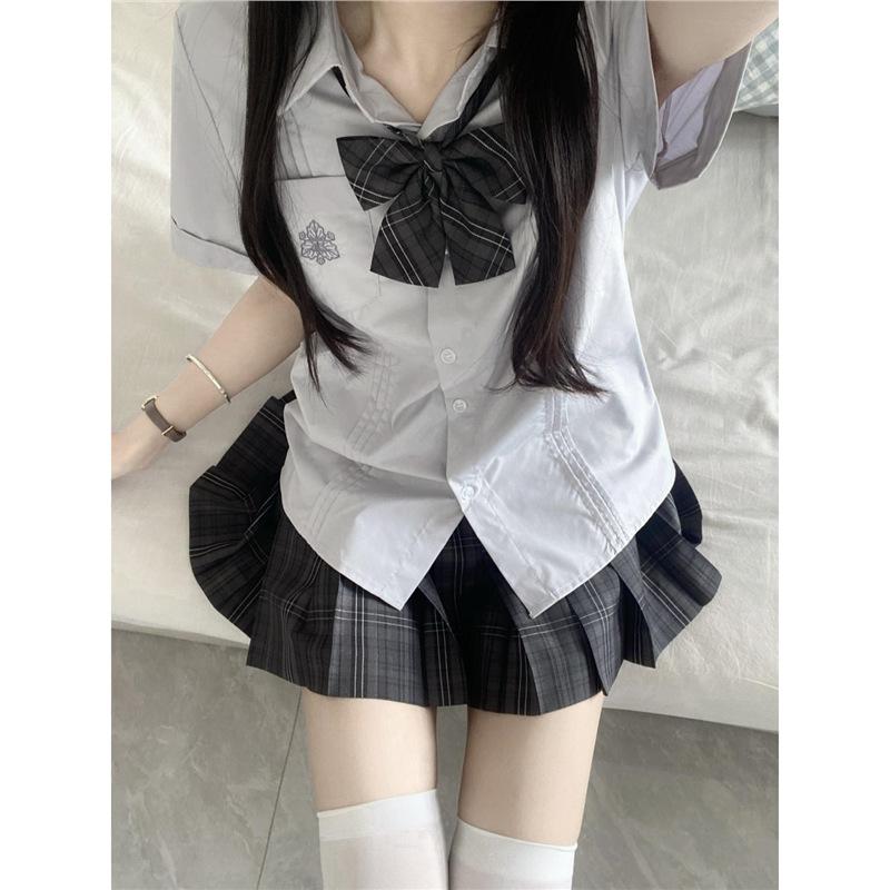 シャツ レディース 水灰色 ブラウス 制服 半袖 学院風 刺繡 トップス 炭グレー リボン セット ポリエス..