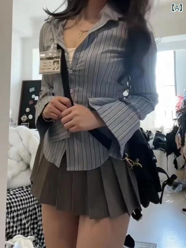 制服 レディース JK制服 長袖シャツ 美式学院風 ブルーストライプ Aラインスカート ミニスカート へそ..