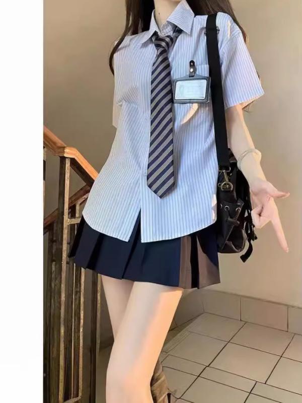 制服 レディース 上下セット ブルー ストライプ柄 半袖シャツ ブラウス ミニスカート かわいい ガーリ..