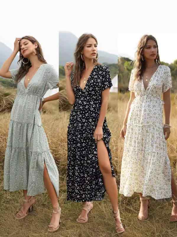 ワンピース レディース 春夏 ノースリーブ Vネック フラワープリント ボヘミアン マキシ丈 Aライン フレアスカート 裏地付き かわいい おしゃれ リゾート 普段使い デート