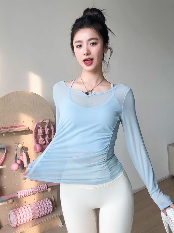 ヨガウェア レディース メッシュ トップス 薄手 スポーツ 長袖 S M L 速乾 伸縮性 トレーニング ウェア 運動着 練習着 ランニング ジョギング ピラティス 体育館 ダンス ジム 春夏秋冬 白 藜麦色 ブルー レッド ブラック