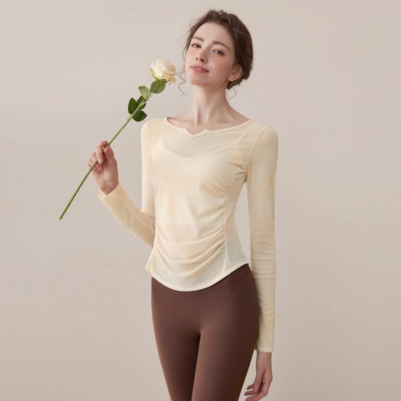 ヨガウェア レディース 長袖 トップス Vネック メッシュ スポーツウェア トレーニングウェア セットアップ 吸湿速乾 伸縮性 ベージュ ピンク系 春夏