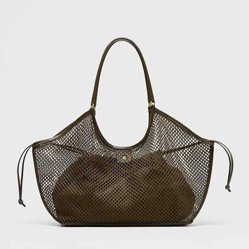 トートバッグ レディース 大 編み込み メッシュ 鞄 PUレザー ブラウン ルーズ デイリー 通勤