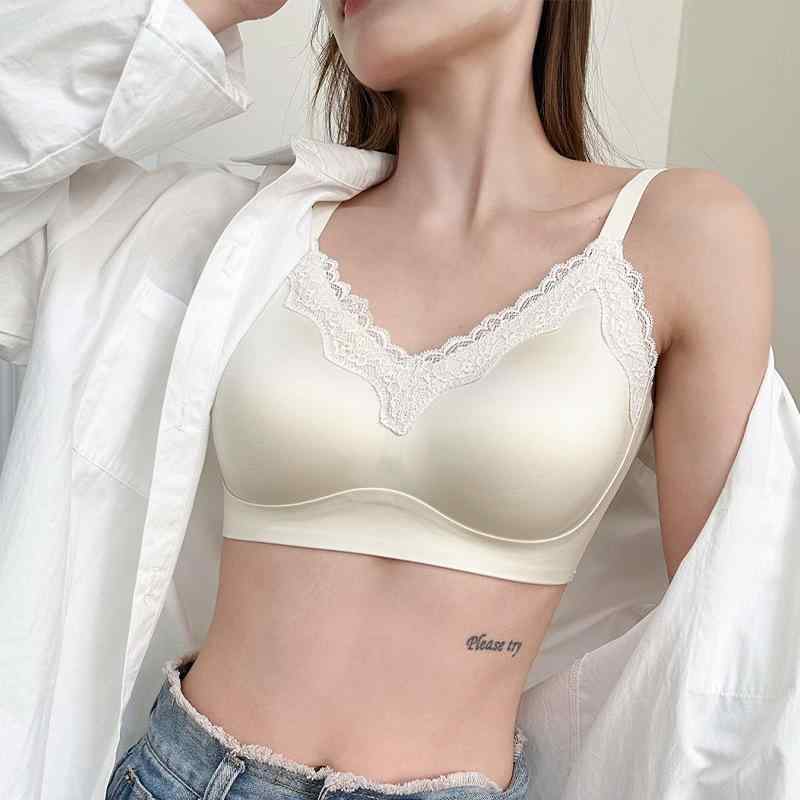 ブラジャー レディース 薄型 レース サテン ランジェリー 小胸 盛れる シームレス ワイヤー 通気性 快適 3/4カップ fixingストラップ M L XL 2XL ブラック シャンパン ホワイト シルバー グレー パープル