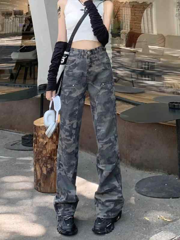 デニム レディース 迷彩柄 高見え デニムパンツ ジーンズ ズボン・パンツ ワイドレッグパンツ ストレー..