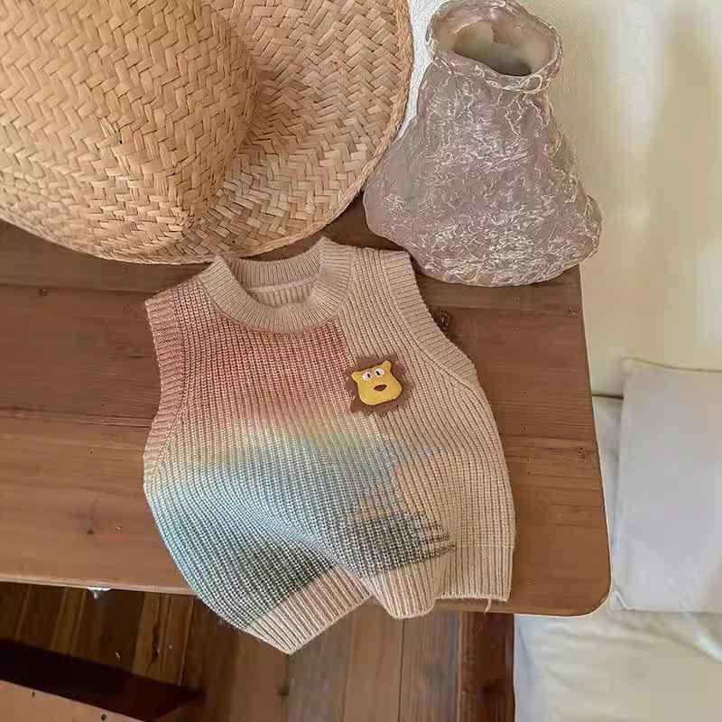 2子供服 ベスト 春秋 男女兼用 ニット ベビー 無袖 セーター 幼児 トップス かわいい カートーン柄 切り替え 配色 普段着