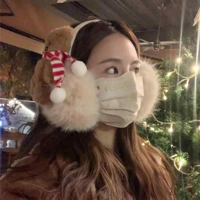 イヤーマフ レディース かわいい 小熊モチーフ 折りたたみ式 防寒 保温 耳当て ブラック ベージュ ピンク系 秋冬 普段使い2