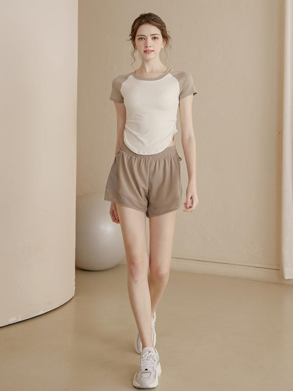 ヨガウェア レディース スポーツウェア Tシャツ 半袖 伸縮性 吸湿性 ポリエステル 杏色 ブラウン ブラック トレーニング ランニング