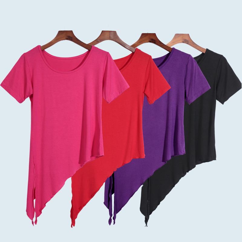 ヨガウェア レディース ダンス トップス モダール 練習着 トレーニングウェア 春夏 半袖 アシンメトリー 吸湿性 通気性 赤 紫 黒 ローズレッド バーガンディ S M L XL 2XL 3XL