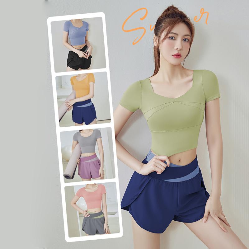 ヨガウェア レディース セットアップ 春秋 スポーツウェア トップス & スカートパンツ 半袖 速乾性 パッド付き ベリーパープル 星耀ブラック 海岩グレー 灰湖ブルー マンゴーイエロー 豆蔻グリーン バービーピンク カーキ色 ポリエステル2